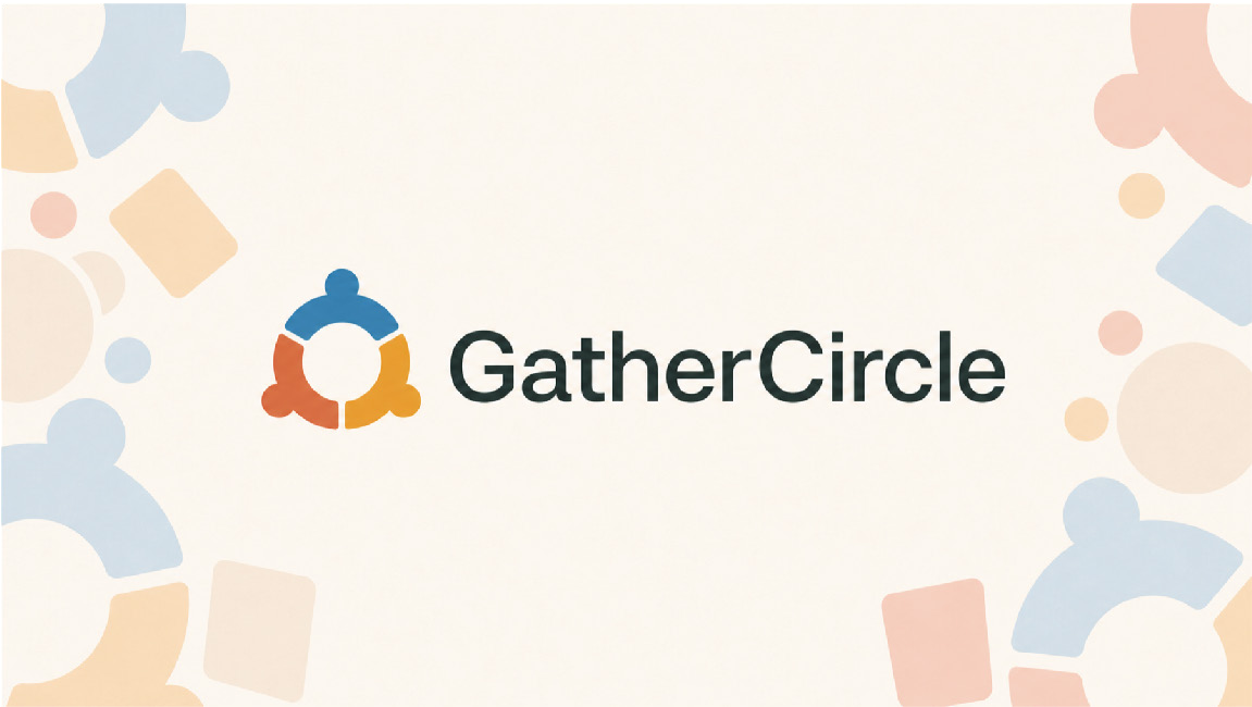 GatherCircle campaign banner with its community symbol and colorful brand shapes